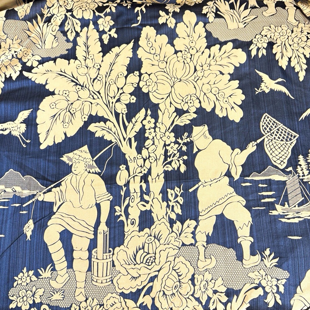 Black Gold Reversible Scenic Toile Fabric Chinoiserie 6.47 Yards Woven Decor